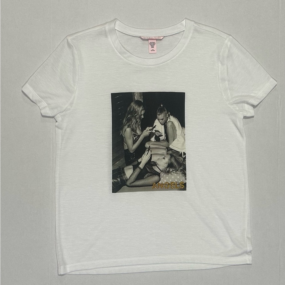 Victoria’s Secret Angels Supermodels Graphic White Tee Size L Glitter Casual Top